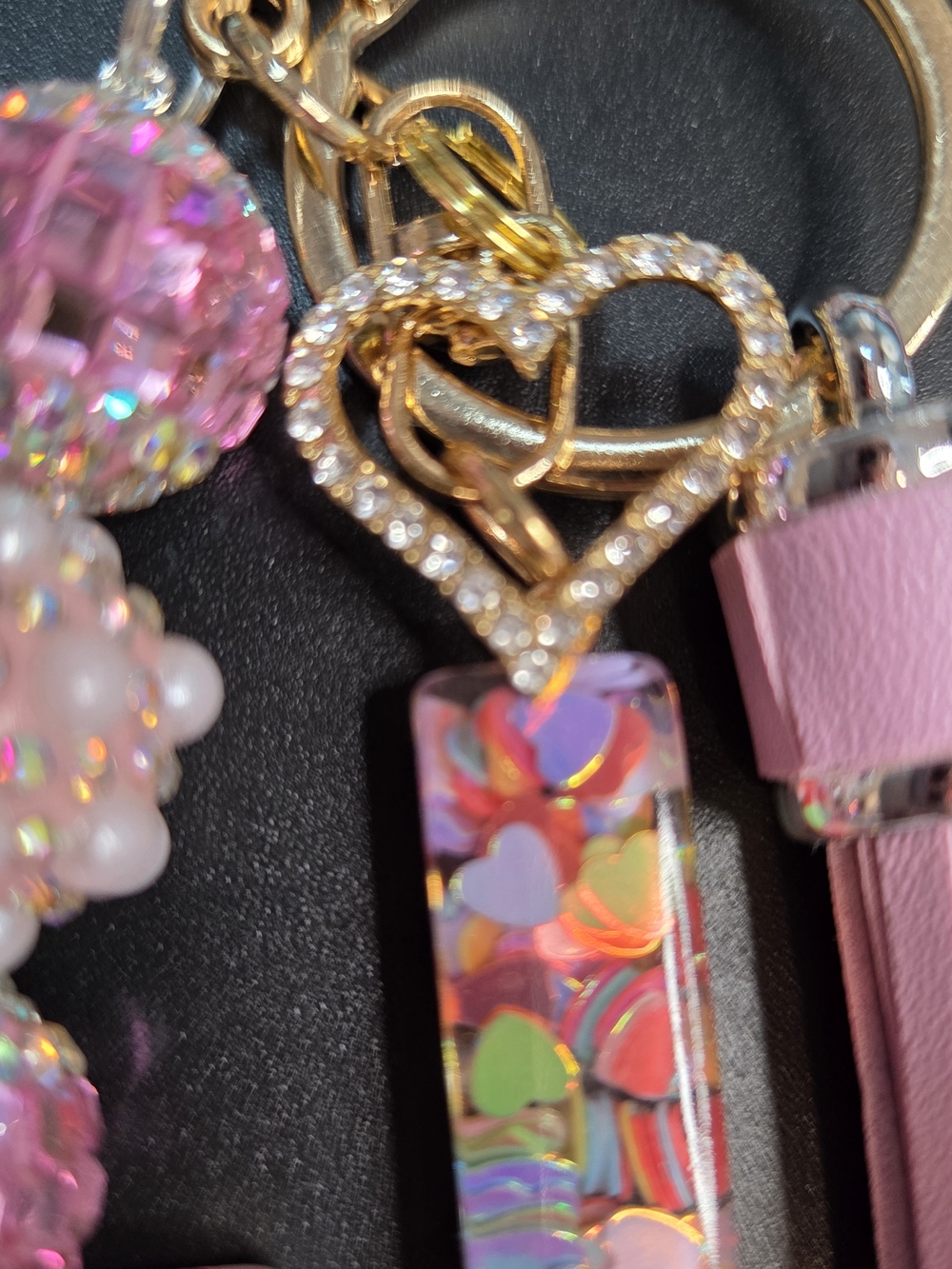 Personalized Handmade 'J' Tassel Keychain Charm with Sparkly Beads in Pink - Picture 3 of 12